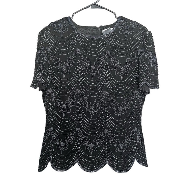 Papell Boutique Tops - VTG Papell Boutique Evening Beaded Top SZ L Blk/Grey Wedding Party Glam Retro